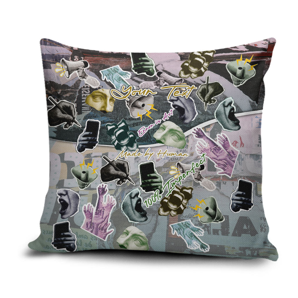 Personalized Made By Human Imperfect Statue Faces Pillow Cover Handmade Look Grunge Collage Pop Art