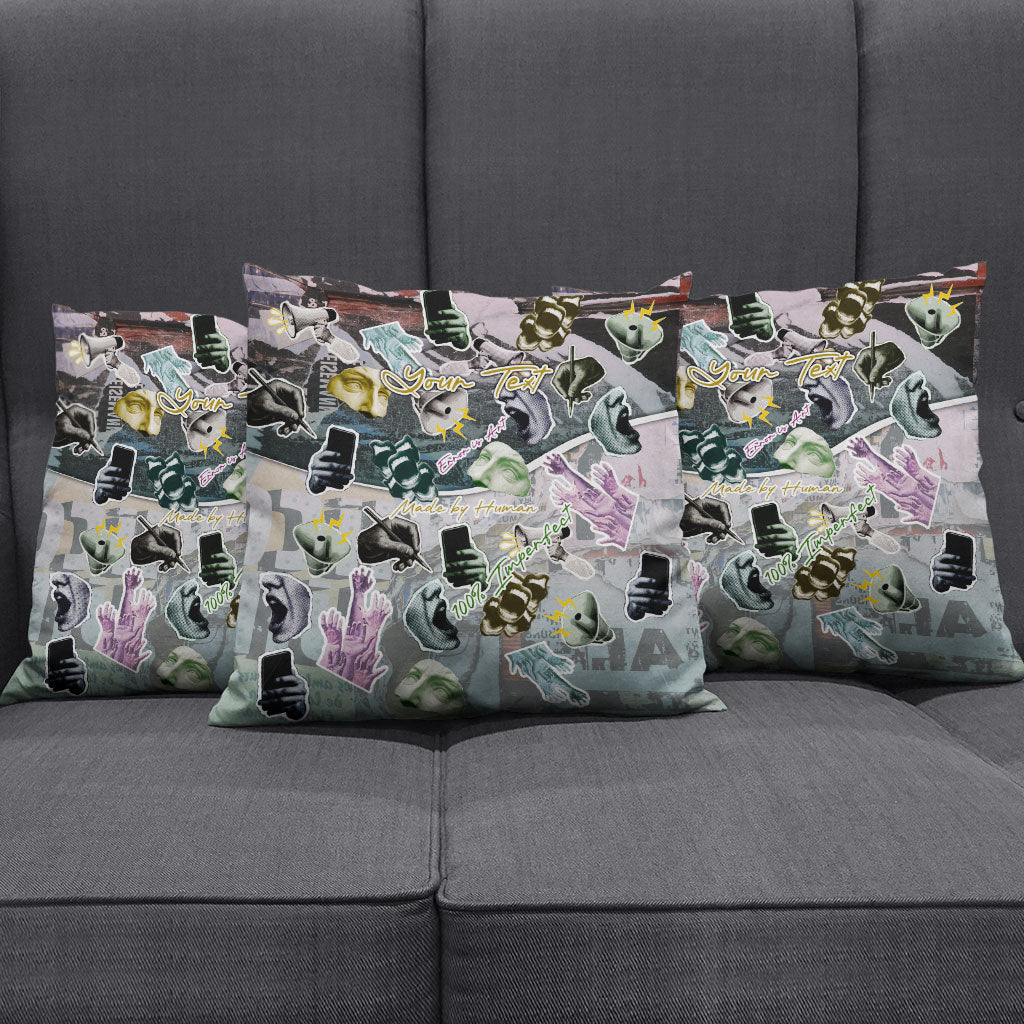 Personalized Made By Human Imperfect Statue Faces Pillow Cover Handmade Look Grunge Collage Pop Art
