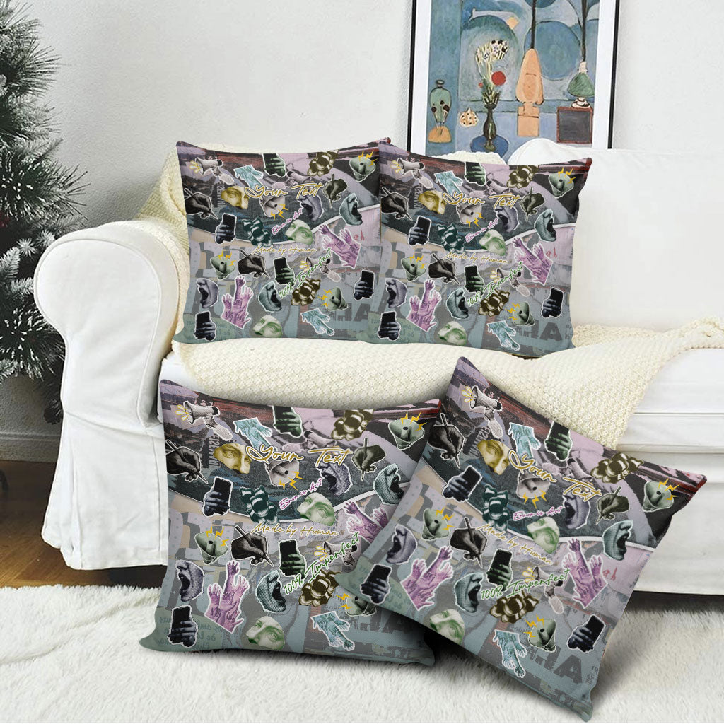 Personalized Made By Human Imperfect Statue Faces Pillow Cover Handmade Look Grunge Collage Pop Art