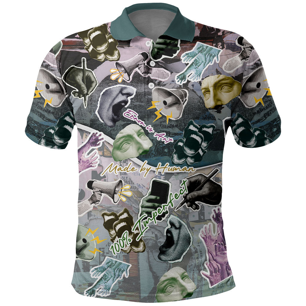 Personalized Made By Human Imperfect Statue Faces Polo Shirt Handmade Look Grunge Collage Pop Art