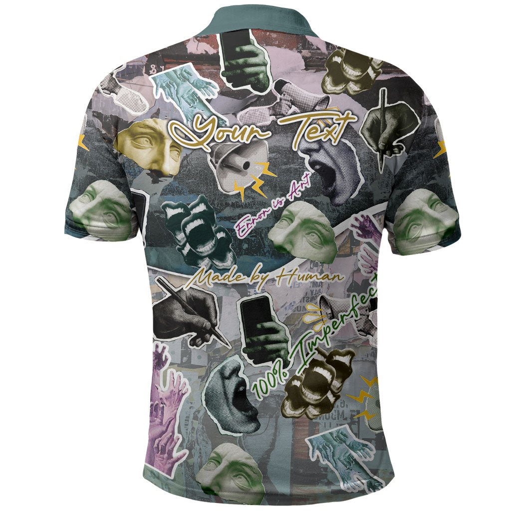 Personalized Made By Human Imperfect Statue Faces Polo Shirt Handmade Look Grunge Collage Pop Art