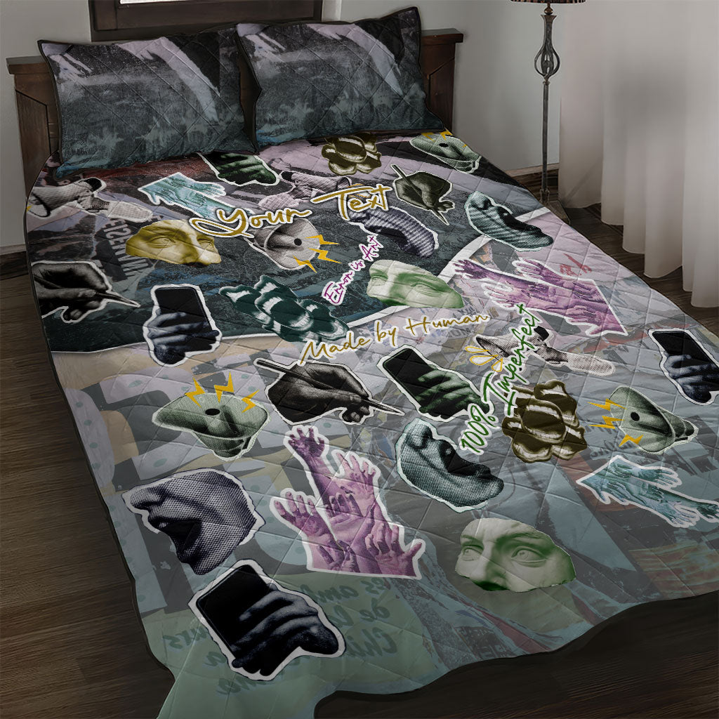 Personalized Made By Human Imperfect Statue Faces Quilt Bed Set Handmade Look Grunge Collage Pop Art