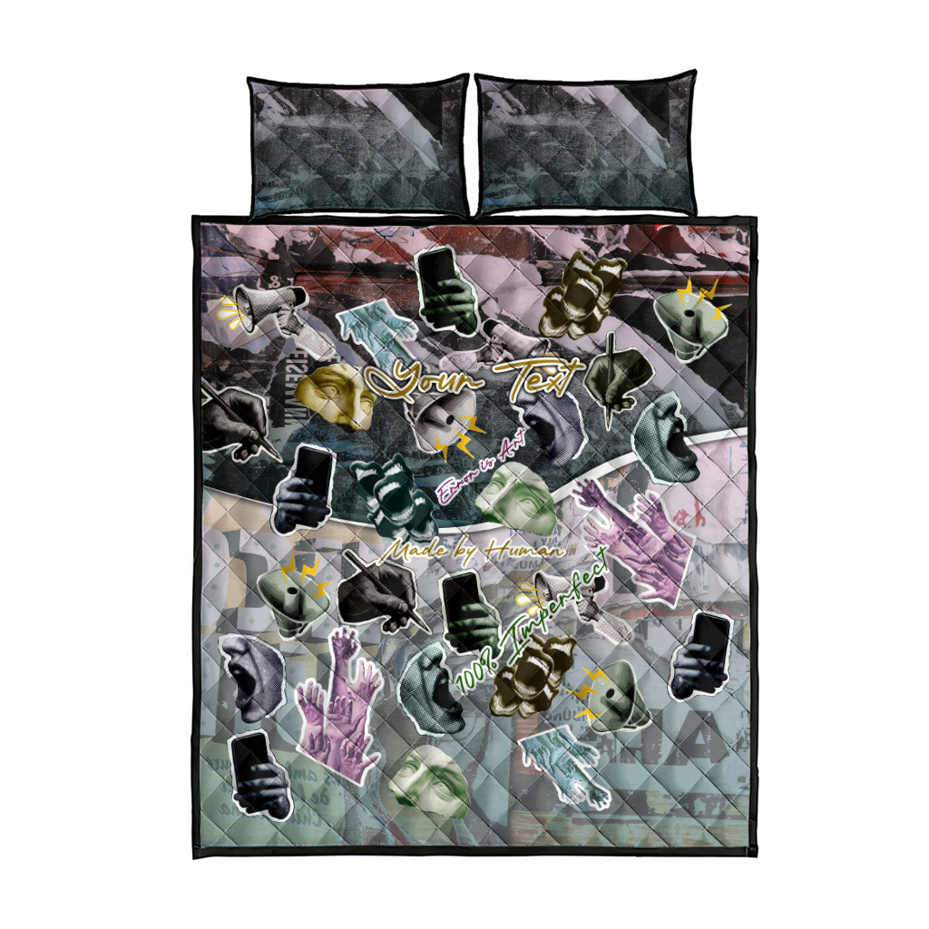 Personalized Made By Human Imperfect Statue Faces Quilt Bed Set Handmade Look Grunge Collage Pop Art