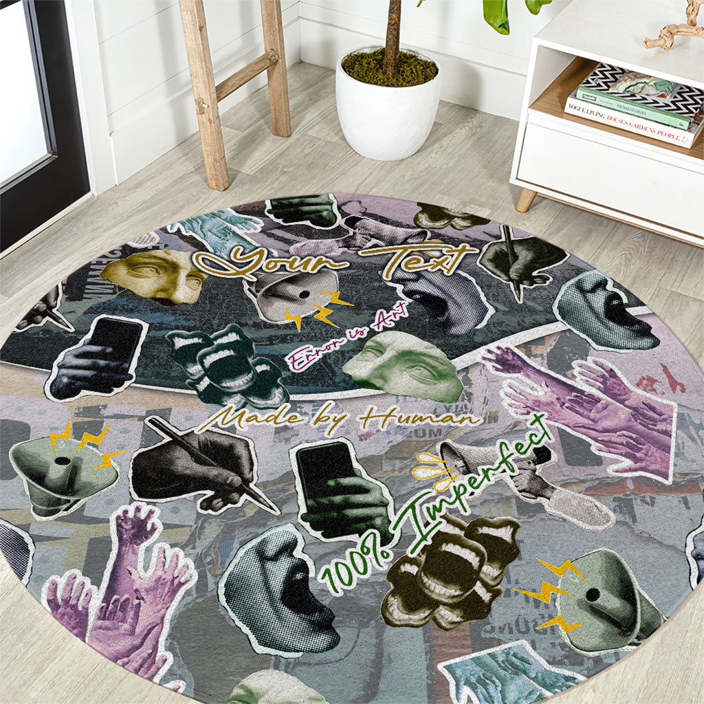 Personalized Made By Human Imperfect Statue Faces Round Carpet Handmade Look Grunge Collage Pop Art
