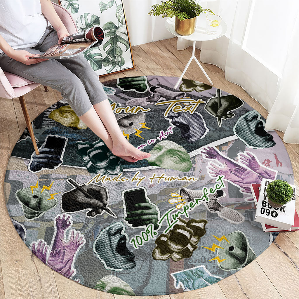Personalized Made By Human Imperfect Statue Faces Round Carpet Handmade Look Grunge Collage Pop Art