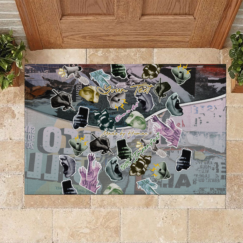 Personalized Made By Human Imperfect Statue Faces Rubber Doormat Handmade Look Grunge Collage Pop Art
