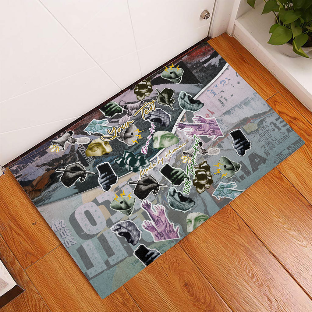 Personalized Made By Human Imperfect Statue Faces Rubber Doormat Handmade Look Grunge Collage Pop Art