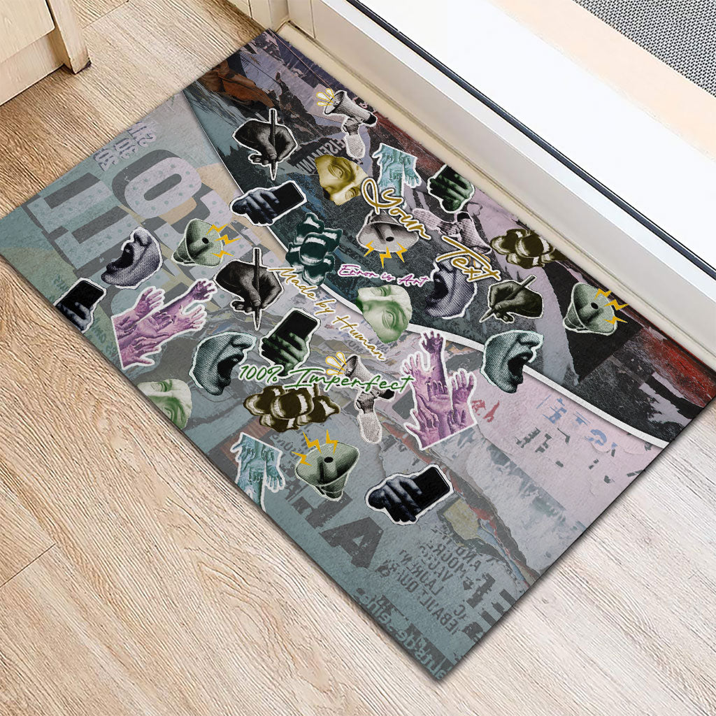 Personalized Made By Human Imperfect Statue Faces Rubber Doormat Handmade Look Grunge Collage Pop Art