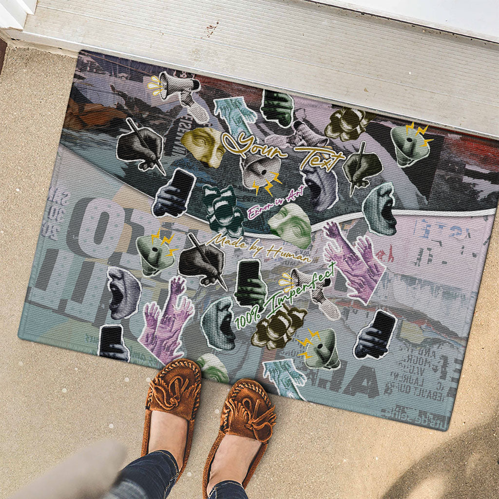 Personalized Made By Human Imperfect Statue Faces Rubber Doormat Handmade Look Grunge Collage Pop Art