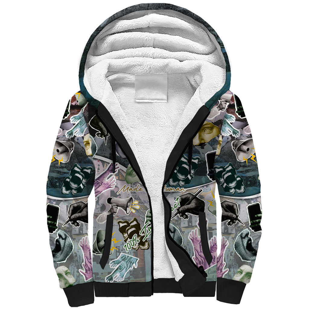 Personalized Made By Human Imperfect Statue Faces Sherpa Hoodie Handmade Look Grunge Collage Pop Art