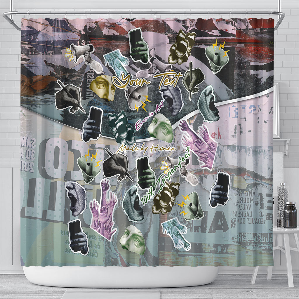 Personalized Made By Human Imperfect Statue Faces Shower Curtain Handmade Look Grunge Collage Pop Art