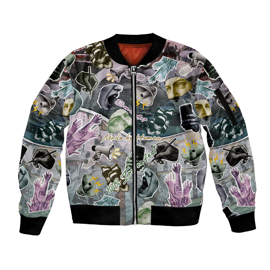 Personalized Made By Human Imperfect Statue Faces Sleeve Zip Bomber Jacket Handmade Look Grunge Collage Pop Art