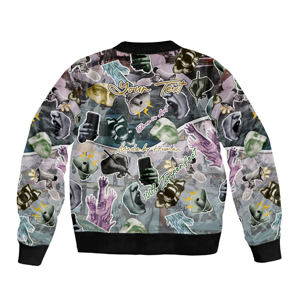 Personalized Made By Human Imperfect Statue Faces Sleeve Zip Bomber Jacket Handmade Look Grunge Collage Pop Art