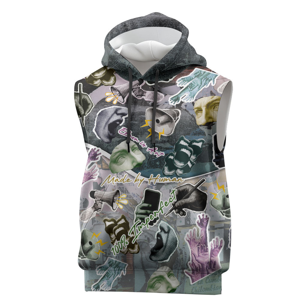 Personalized Made By Human Imperfect Statue Faces Sleeveless Hoodie Handmade Look Grunge Collage Pop Art