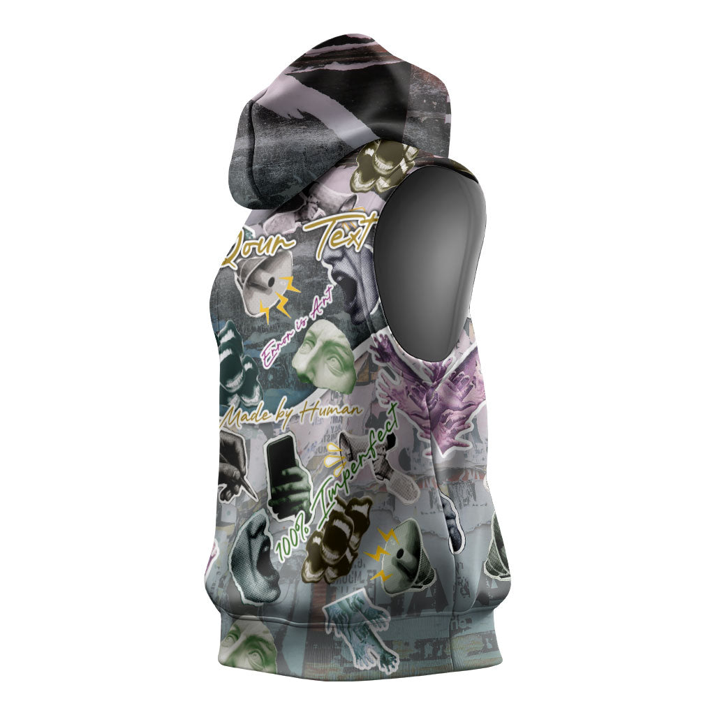 Personalized Made By Human Imperfect Statue Faces Sleeveless Hoodie Handmade Look Grunge Collage Pop Art