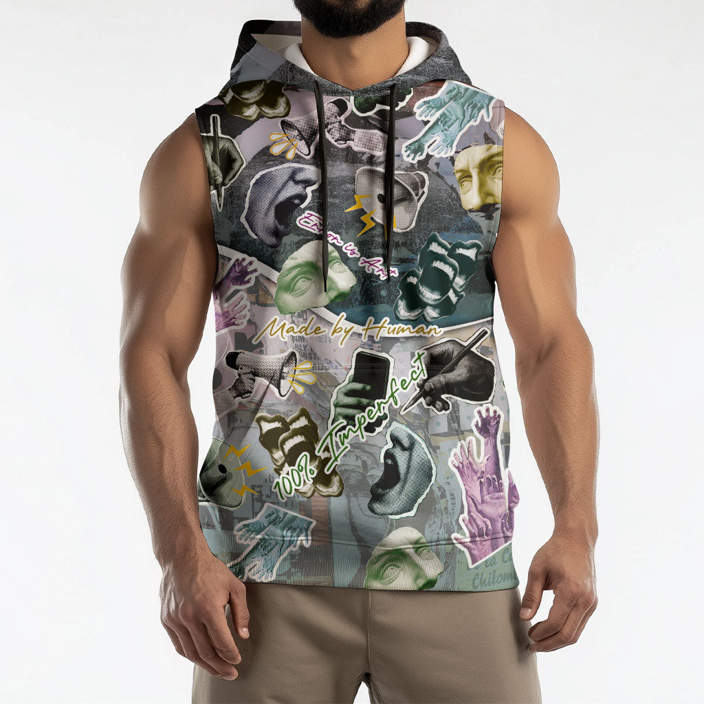 Personalized Made By Human Imperfect Statue Faces Sleeveless Hoodie Handmade Look Grunge Collage Pop Art