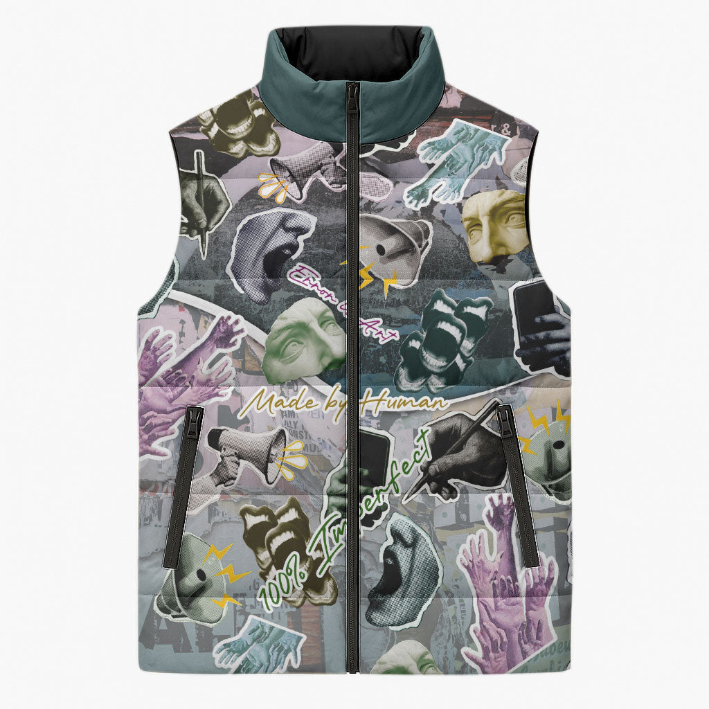 Personalized Made By Human Imperfect Statue Faces Sleeveless Puffer Jacket Handmade Look Grunge Collage Pop Art
