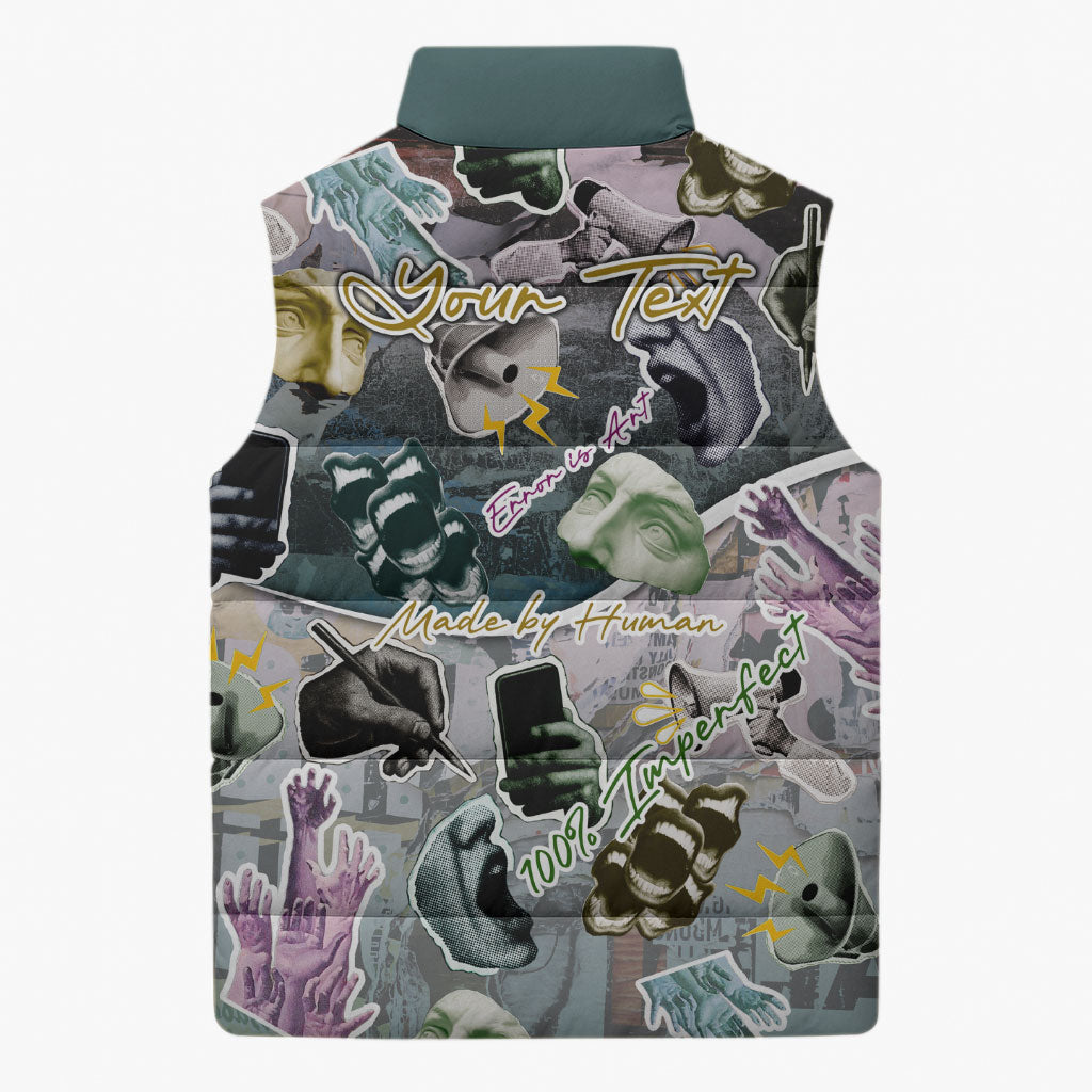 Personalized Made By Human Imperfect Statue Faces Sleeveless Puffer Jacket Handmade Look Grunge Collage Pop Art