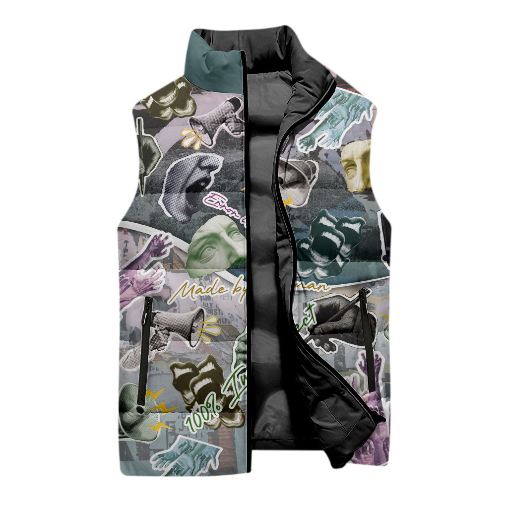 Personalized Made By Human Imperfect Statue Faces Sleeveless Puffer Jacket Handmade Look Grunge Collage Pop Art