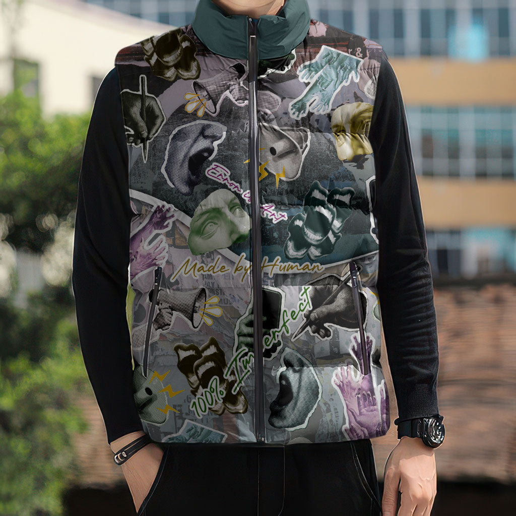 Personalized Made By Human Imperfect Statue Faces Sleeveless Puffer Jacket Handmade Look Grunge Collage Pop Art