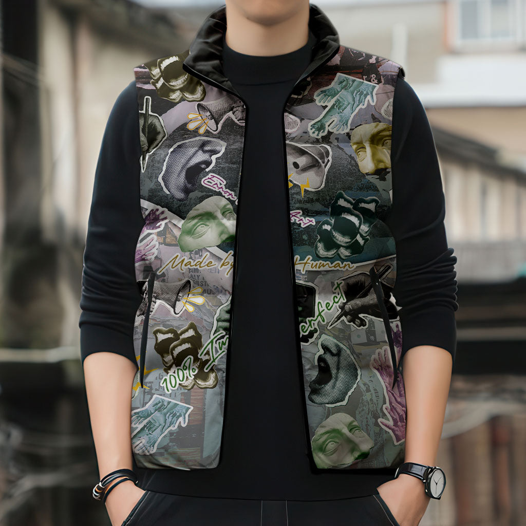 Personalized Made By Human Imperfect Statue Faces Sleeveless Puffer Jacket Handmade Look Grunge Collage Pop Art