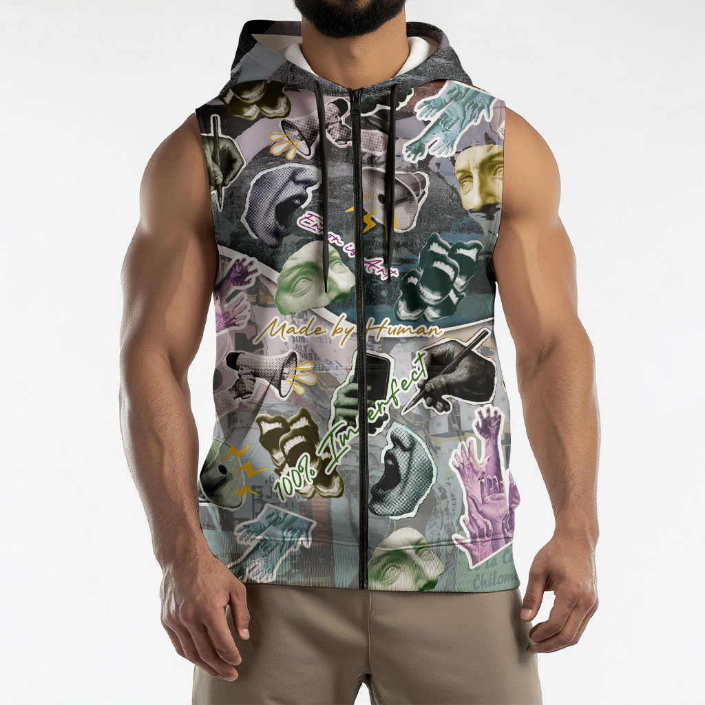 Personalized Made By Human Imperfect Statue Faces Sleeveless Zip Hoodie Handmade Look Grunge Collage Pop Art