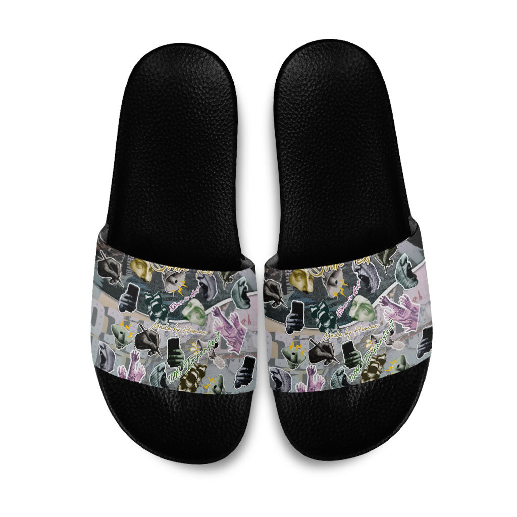 Personalized Made By Human Imperfect Statue Faces Slide Sandals Handmade Look Grunge Collage Pop Art