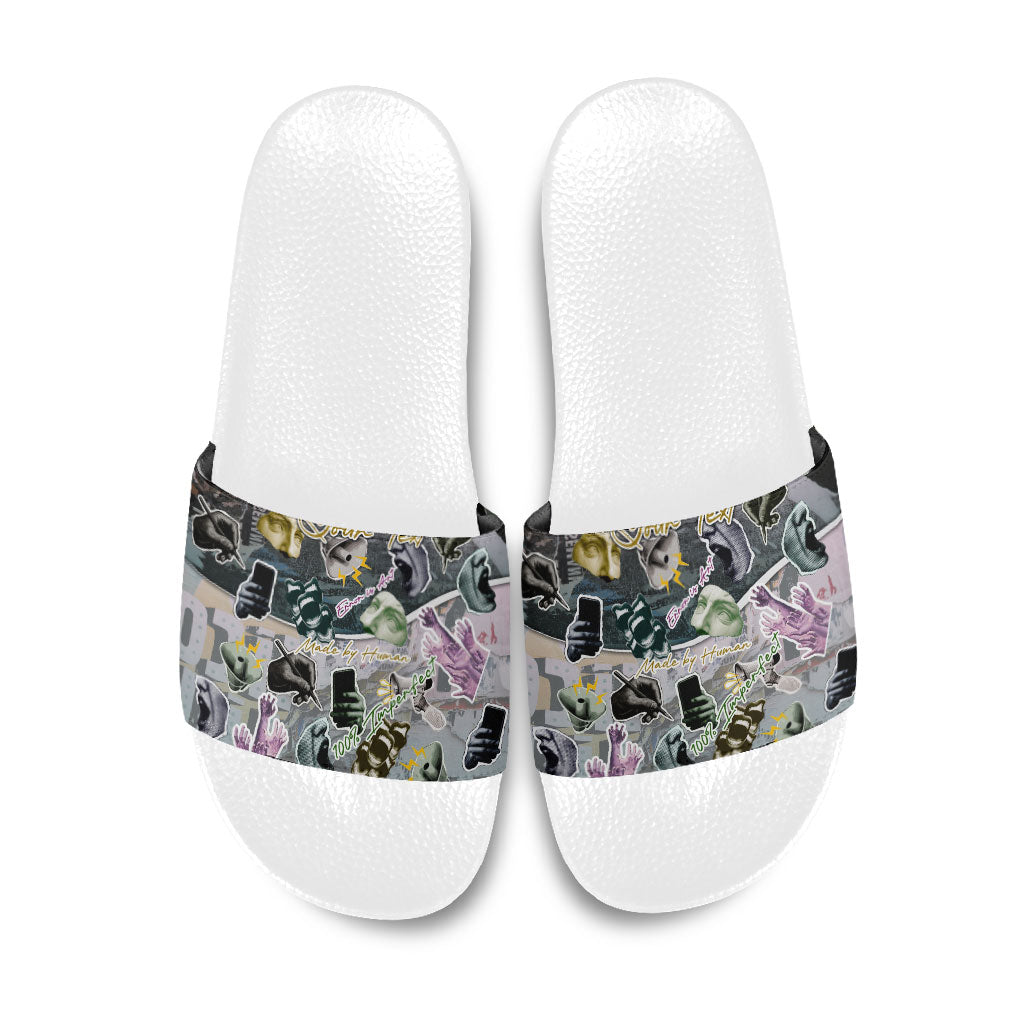 Personalized Made By Human Imperfect Statue Faces Slide Sandals Handmade Look Grunge Collage Pop Art