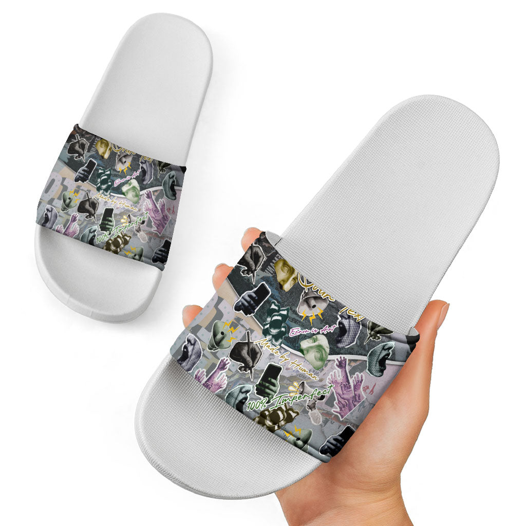 Personalized Made By Human Imperfect Statue Faces Slide Sandals Handmade Look Grunge Collage Pop Art