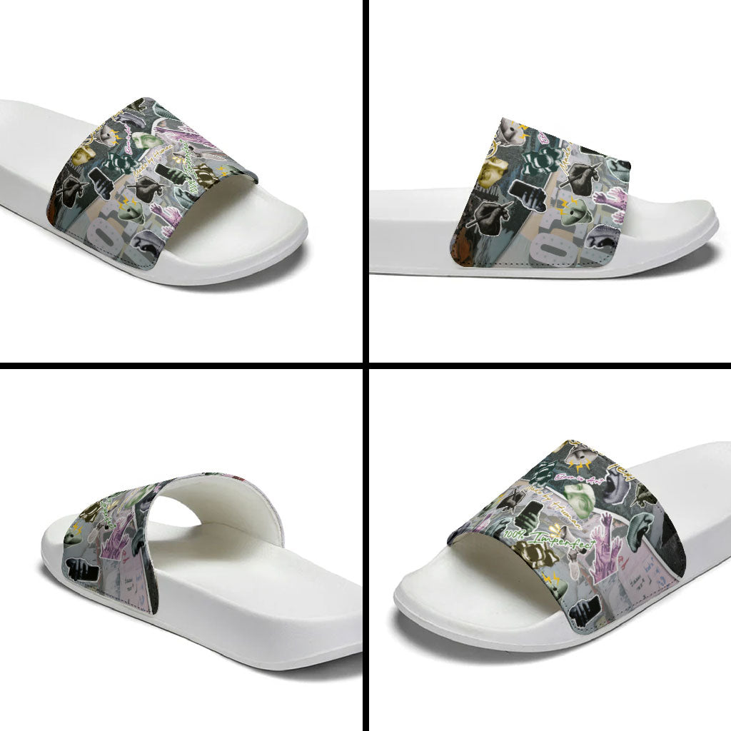 Personalized Made By Human Imperfect Statue Faces Slide Sandals Handmade Look Grunge Collage Pop Art