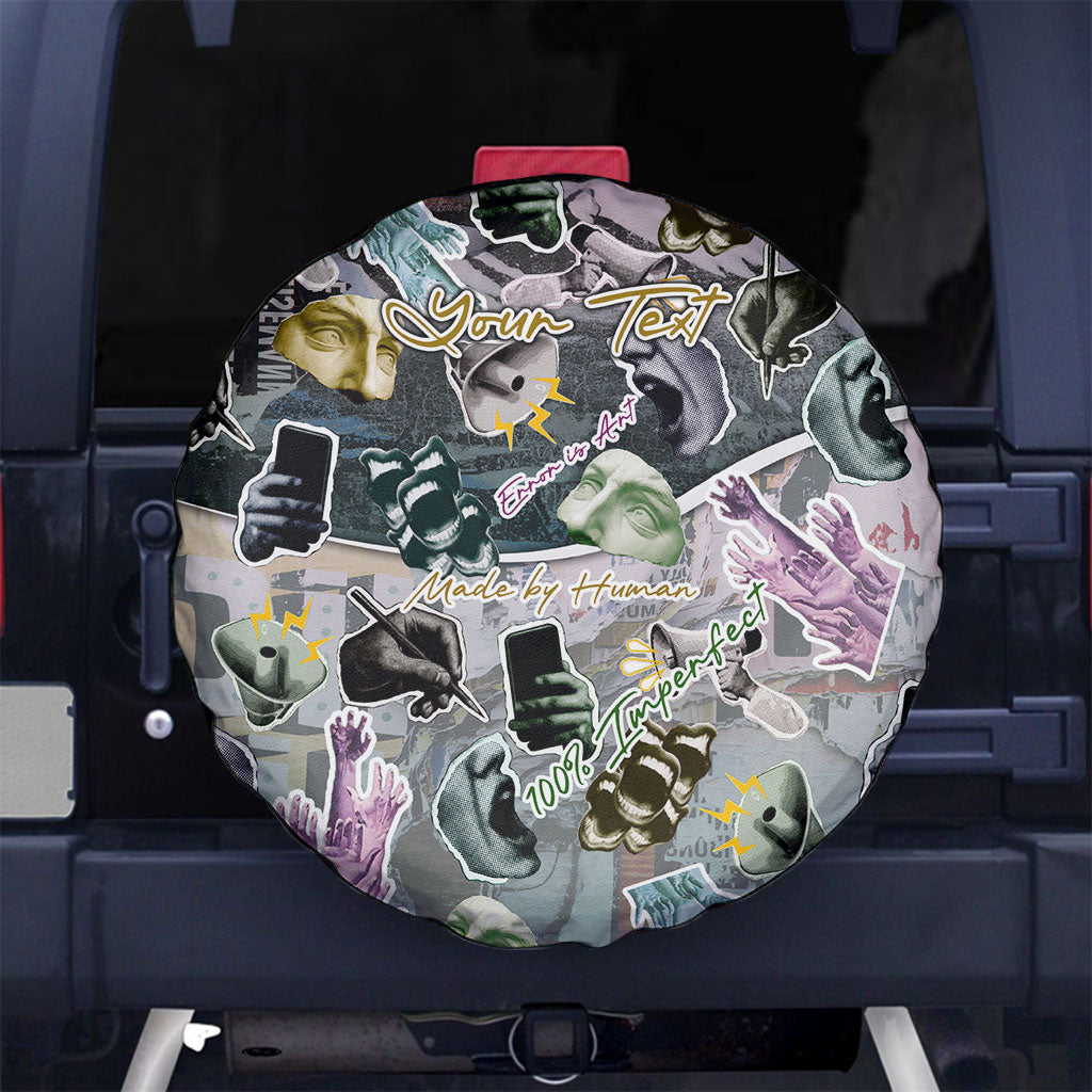 Personalized Made By Human Imperfect Statue Faces Spare Tire Cover Handmade Look Grunge Collage Pop Art