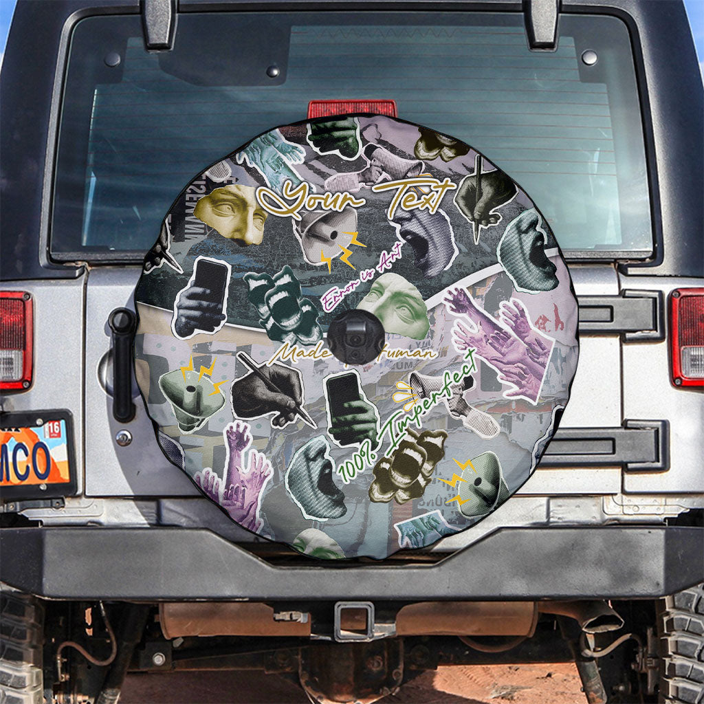 Personalized Made By Human Imperfect Statue Faces Spare Tire Cover Handmade Look Grunge Collage Pop Art