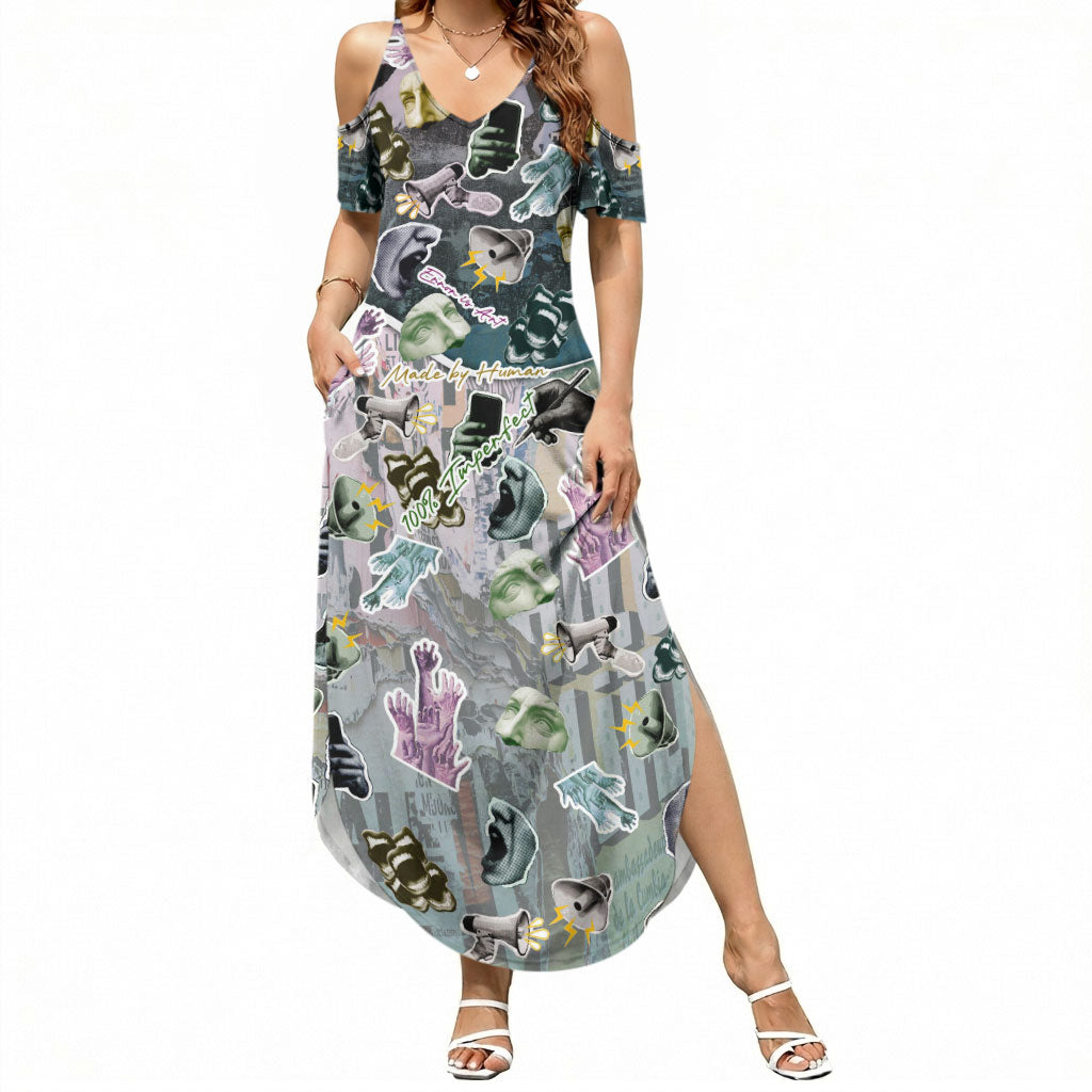 Personalized Made By Human Imperfect Statue Faces Summer Maxi Dress Handmade Look Grunge Collage Pop Art