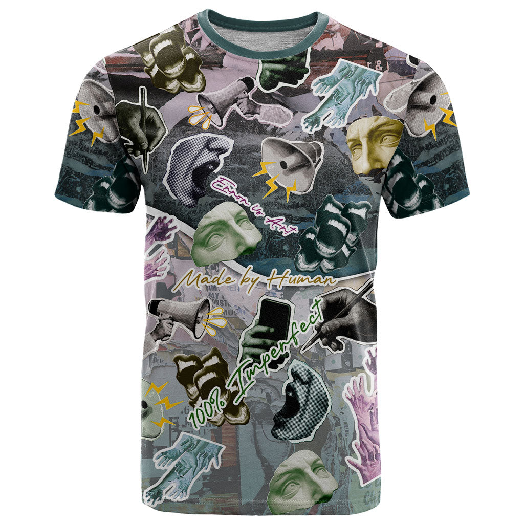 Personalized Made By Human Imperfect Statue Faces T Shirt Handmade Look Grunge Collage Pop Art