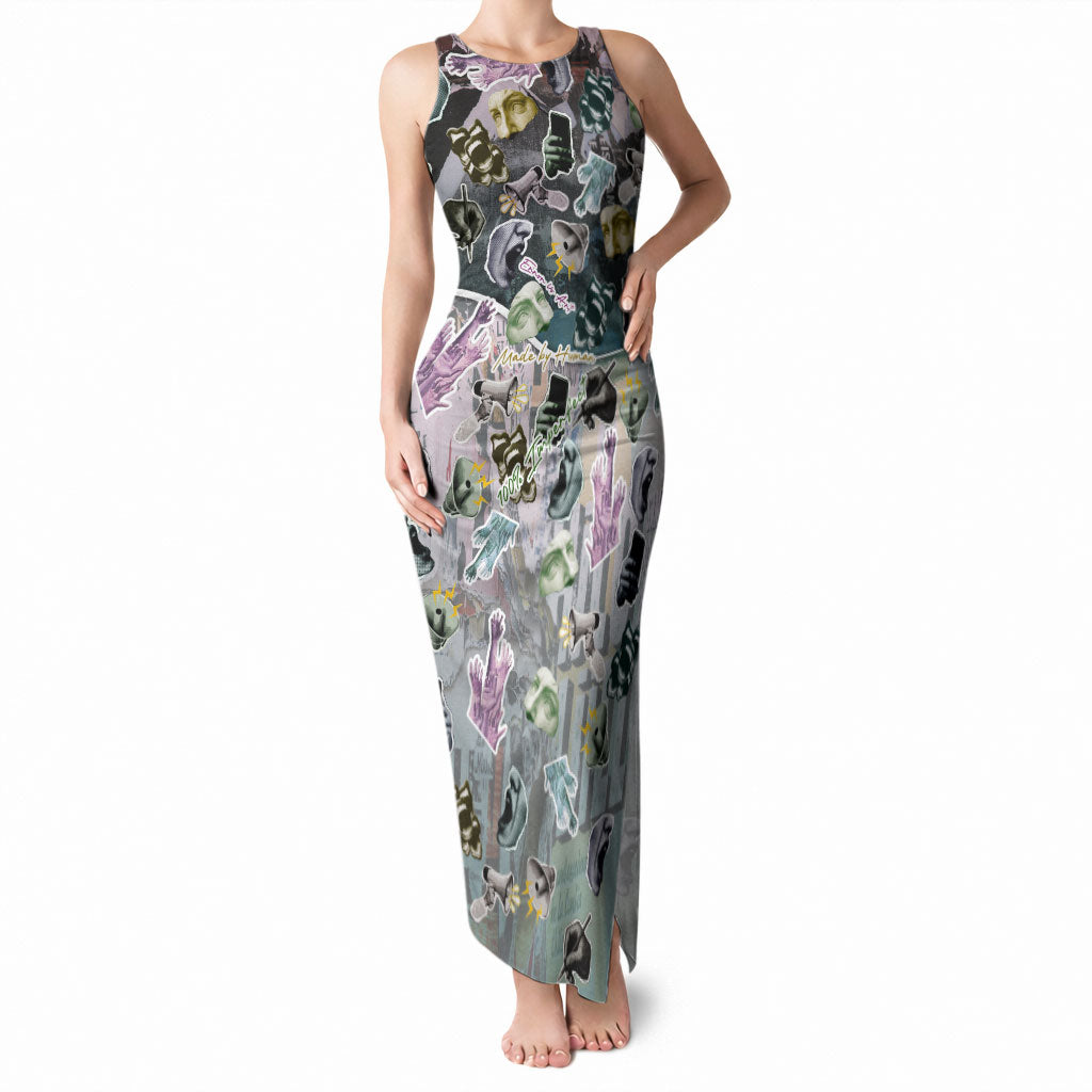 Personalized Made By Human Imperfect Statue Faces Tank Maxi Dress Handmade Look Grunge Collage Pop Art