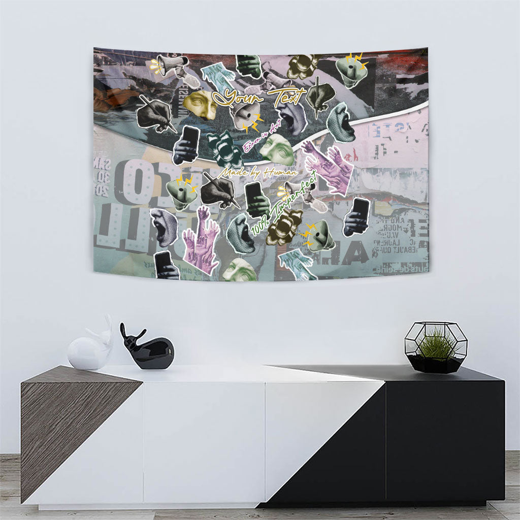 Personalized Made By Human Imperfect Statue Faces Tapestry Handmade Look Grunge Collage Pop Art