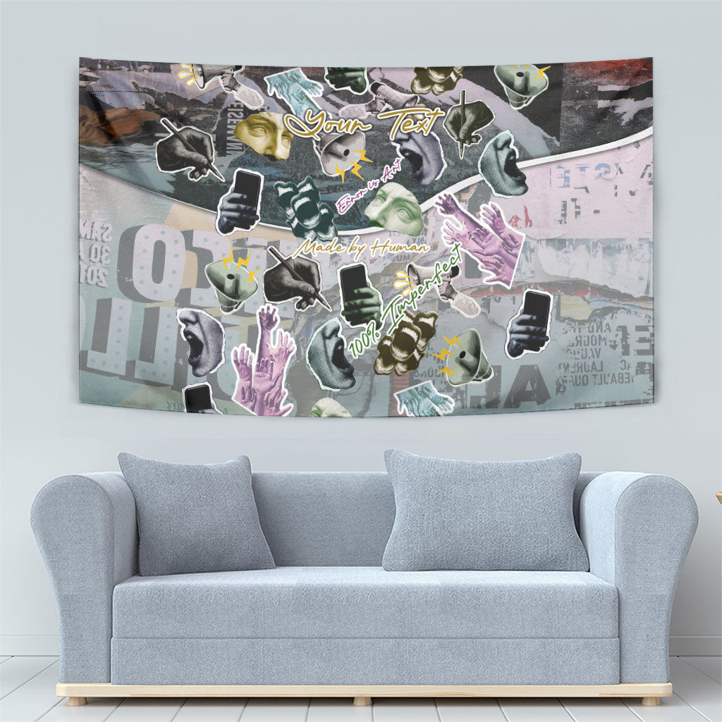 Personalized Made By Human Imperfect Statue Faces Tapestry Handmade Look Grunge Collage Pop Art