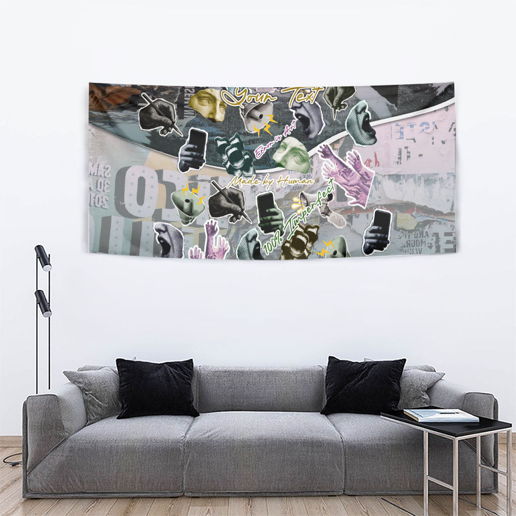 Personalized Made By Human Imperfect Statue Faces Tapestry Handmade Look Grunge Collage Pop Art