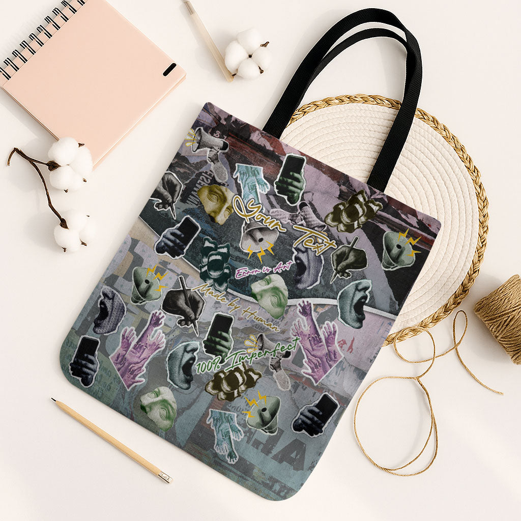 Personalized Made By Human Imperfect Statue Faces Tote Bag Handmade Look Grunge Collage Pop Art