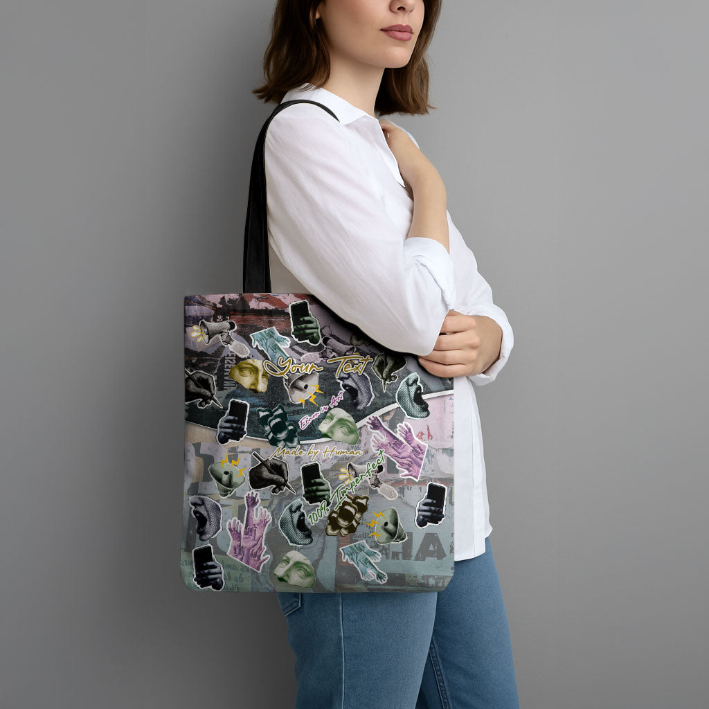 Personalized Made By Human Imperfect Statue Faces Tote Bag Handmade Look Grunge Collage Pop Art