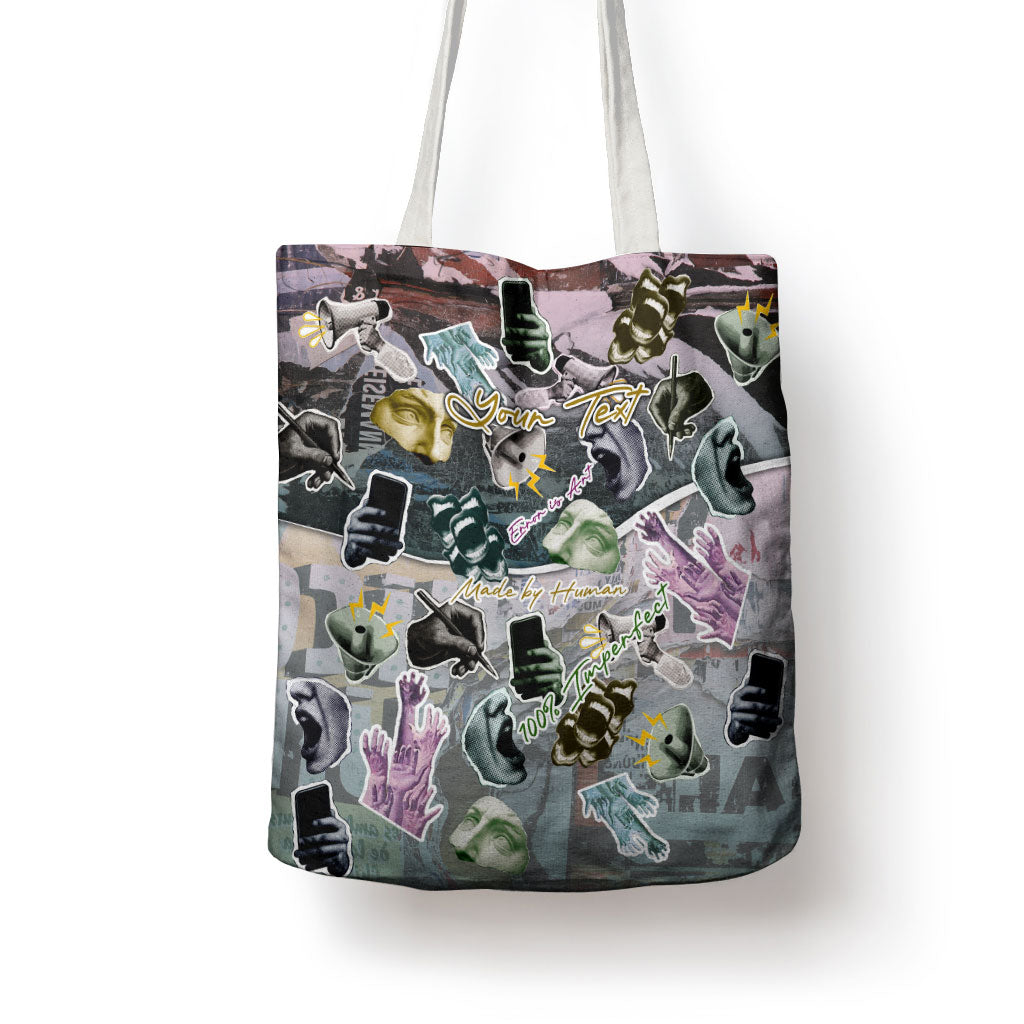 Personalized Made By Human Imperfect Statue Faces Tote Bag Handmade Look Grunge Collage Pop Art
