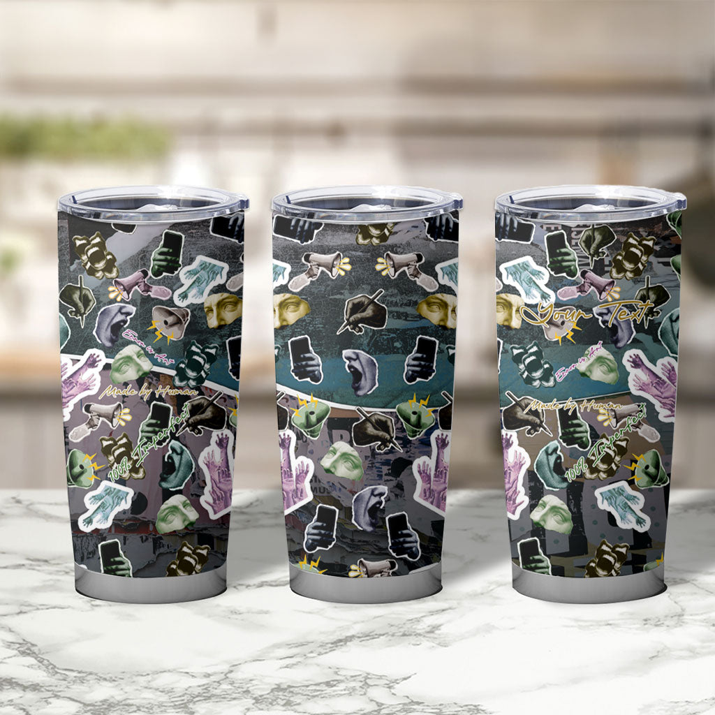 Personalized Made By Human Imperfect Statue Faces Tumbler Cup Handmade Look Grunge Collage Pop Art