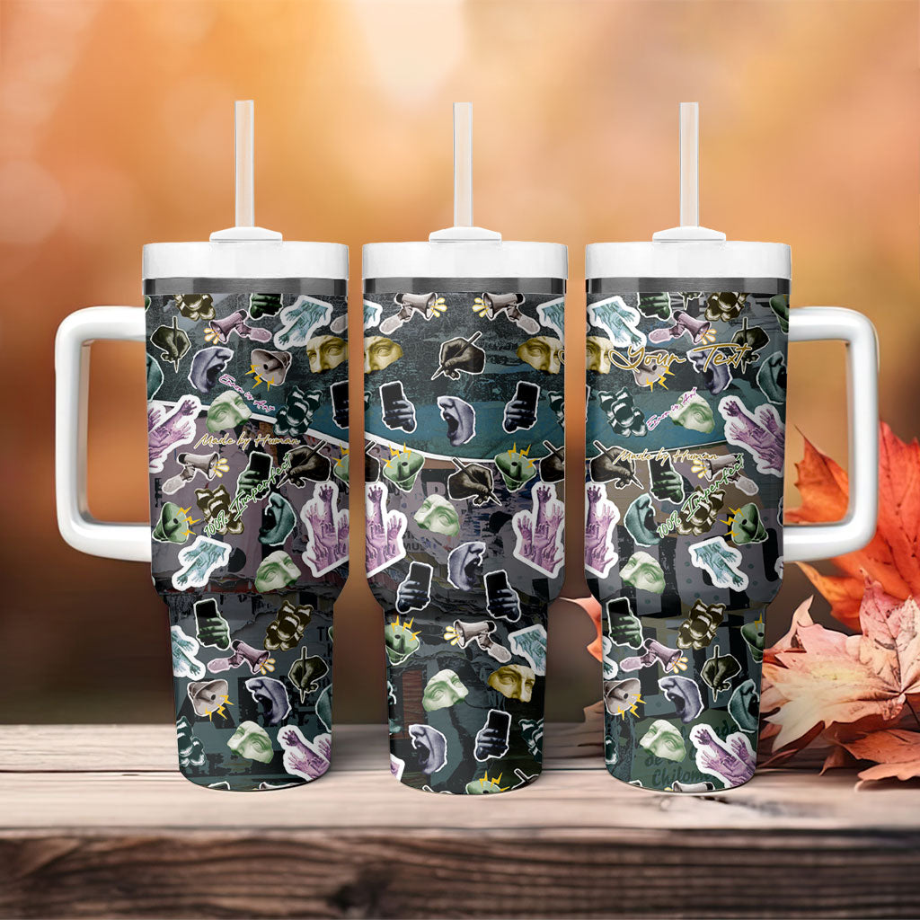 Personalized Made By Human Imperfect Statue Faces Tumbler With Handle Handmade Look Grunge Collage Pop Art