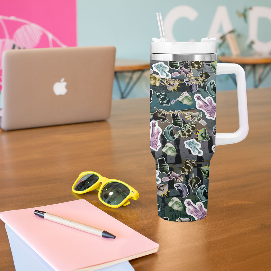 Personalized Made By Human Imperfect Statue Faces Tumbler With Handle Handmade Look Grunge Collage Pop Art