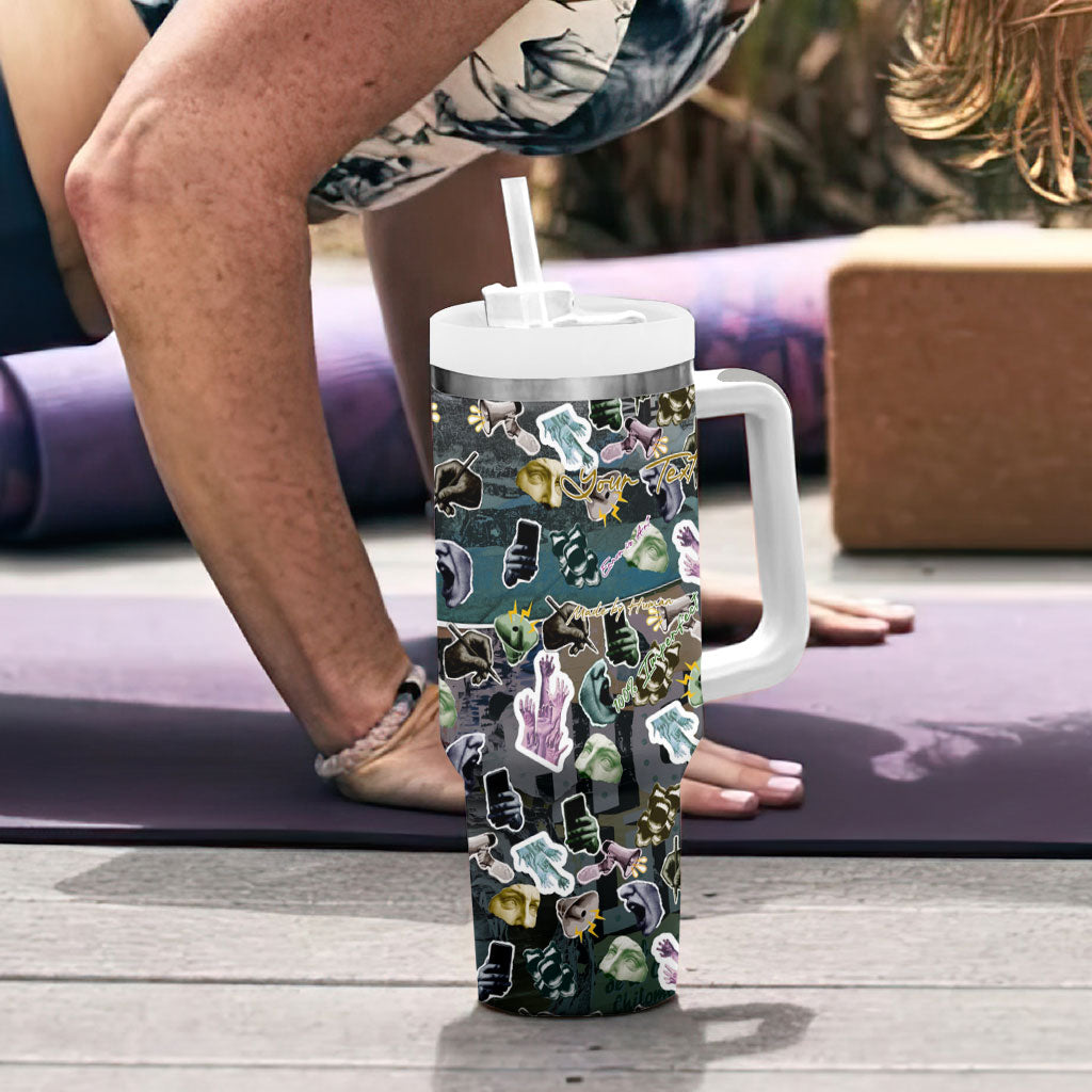 Personalized Made By Human Imperfect Statue Faces Tumbler With Handle Handmade Look Grunge Collage Pop Art