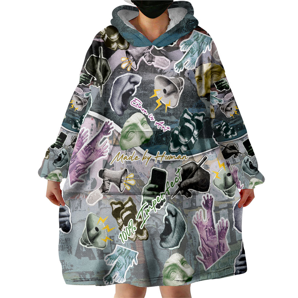 Personalized Made By Human Imperfect Statue Faces Wearable Blanket Hoodie Handmade Look Grunge Collage Pop Art