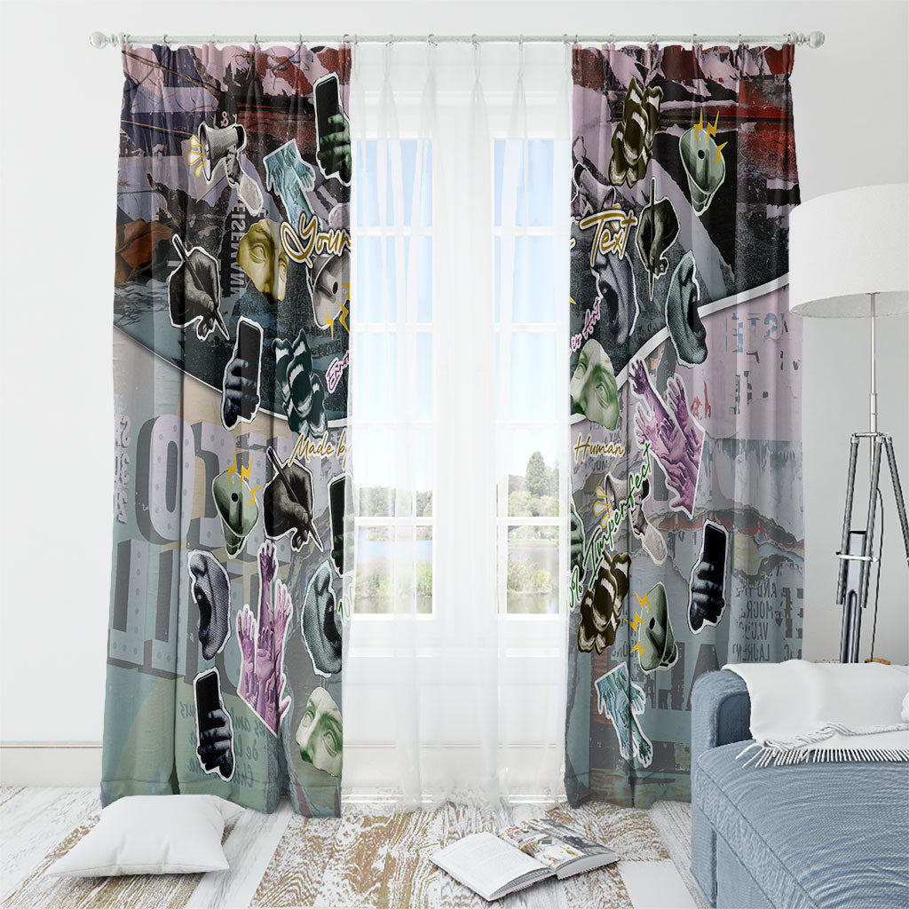 Personalized Made By Human Imperfect Statue Faces Window Curtain Handmade Look Grunge Collage Pop Art
