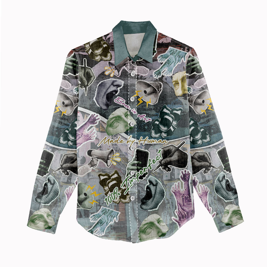 Personalized Made By Human Imperfect Statue Faces Women Casual Shirt Handmade Look Grunge Collage Pop Art