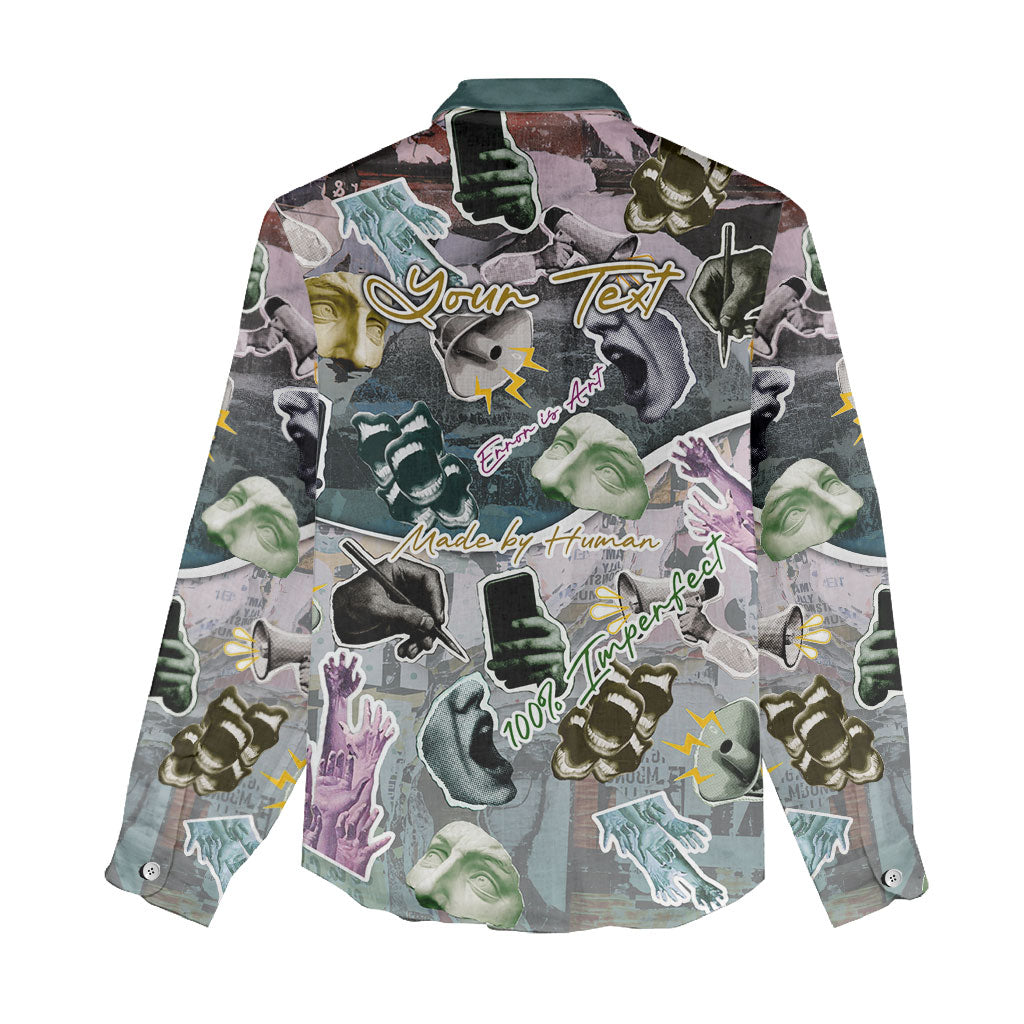 Personalized Made By Human Imperfect Statue Faces Women Casual Shirt Handmade Look Grunge Collage Pop Art