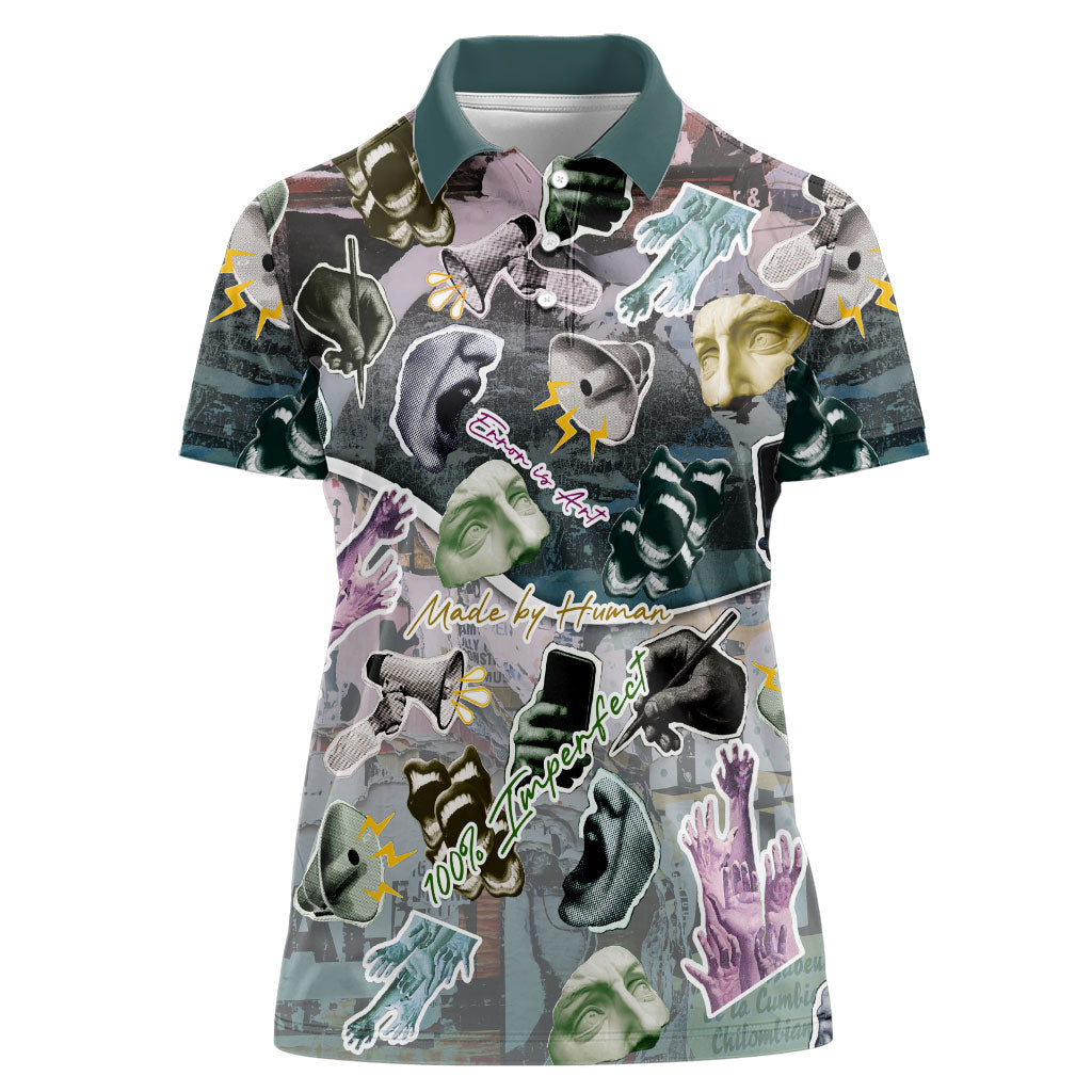 Personalized Made By Human Imperfect Statue Faces Women Polo Shirt Handmade Look Grunge Collage Pop Art